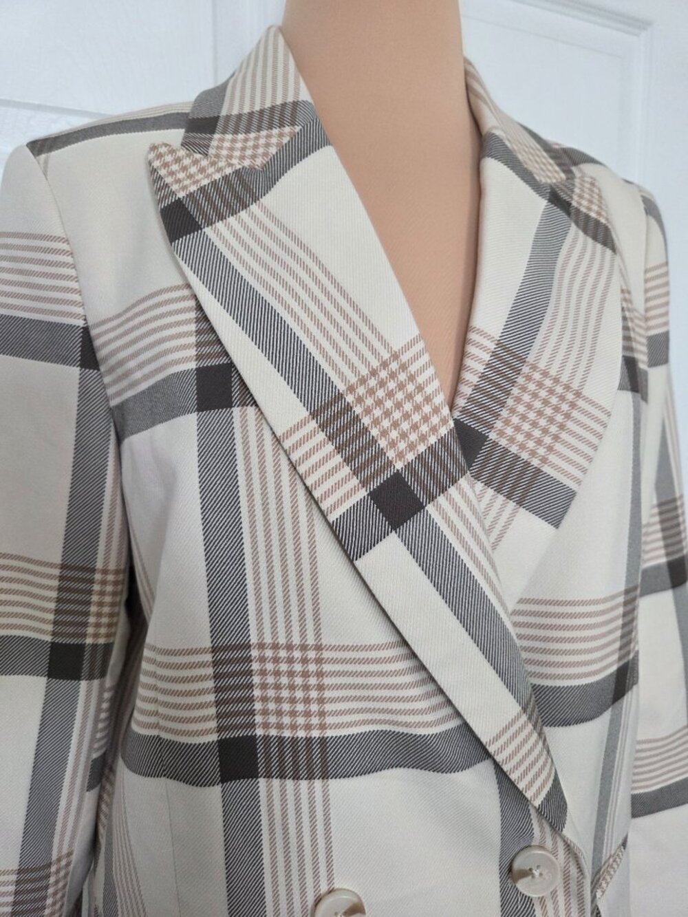 Plaid Double-Breasted Blazer Jacket in Cream - Picture 4 of 16